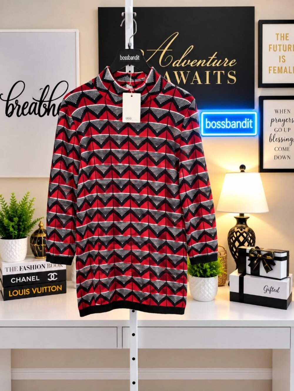 ASOS Red Black Geometric High Neck Sweater 3/4 Sleeve Size 12 NWT - Picture 2 of 7